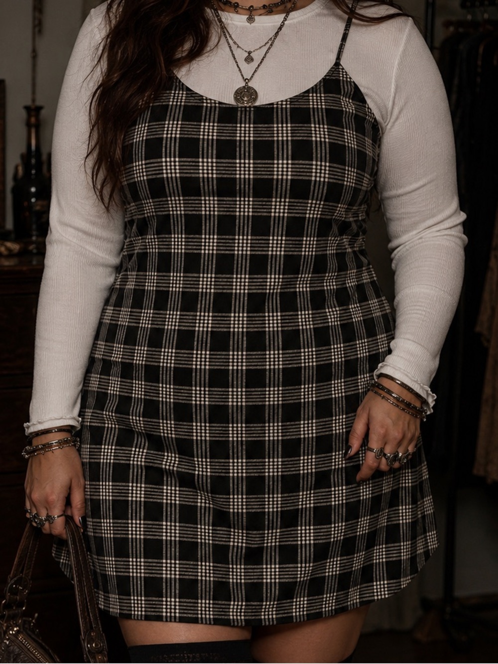 Fashion Nova Women's Sleeveless Black & White Plaid Print Mini Dress Size 1X